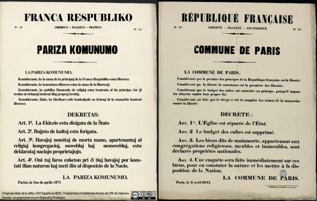 1871-04-03 Dekreto pri disigo Eklezio-Ŝtato. Pariza Komunumo. Afiŝo